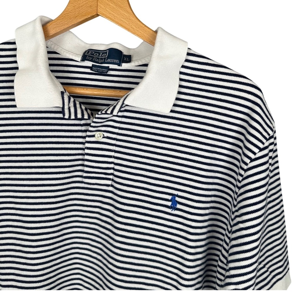 Polo Ralph Lauren Mens XL Navy White Striped Short Sleeve Pique Polo Shirt
